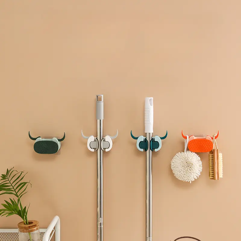 Bathroom Kitchen Cow Head Adhesive Mop Rack, Organizing And Storage Rack
