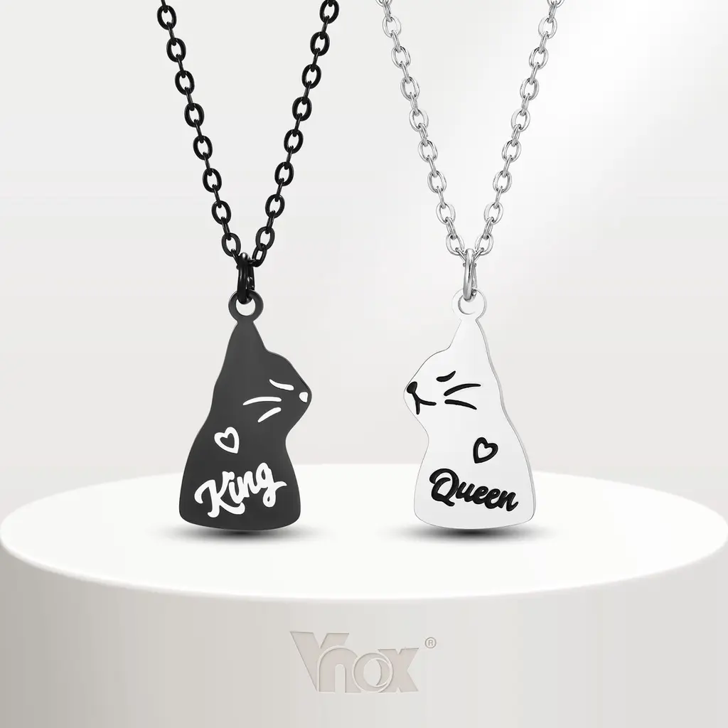Vòng Cổ Cặp Đôi Mèo, Nữ Hoàng Và Vua, Bộ Vòng Cổ Bằng Thép Không Gỉ Dễ Thương, Màu Bạc Đen, Quà Tặng Trang Sức Hứa Hẹn Dây Chuyền