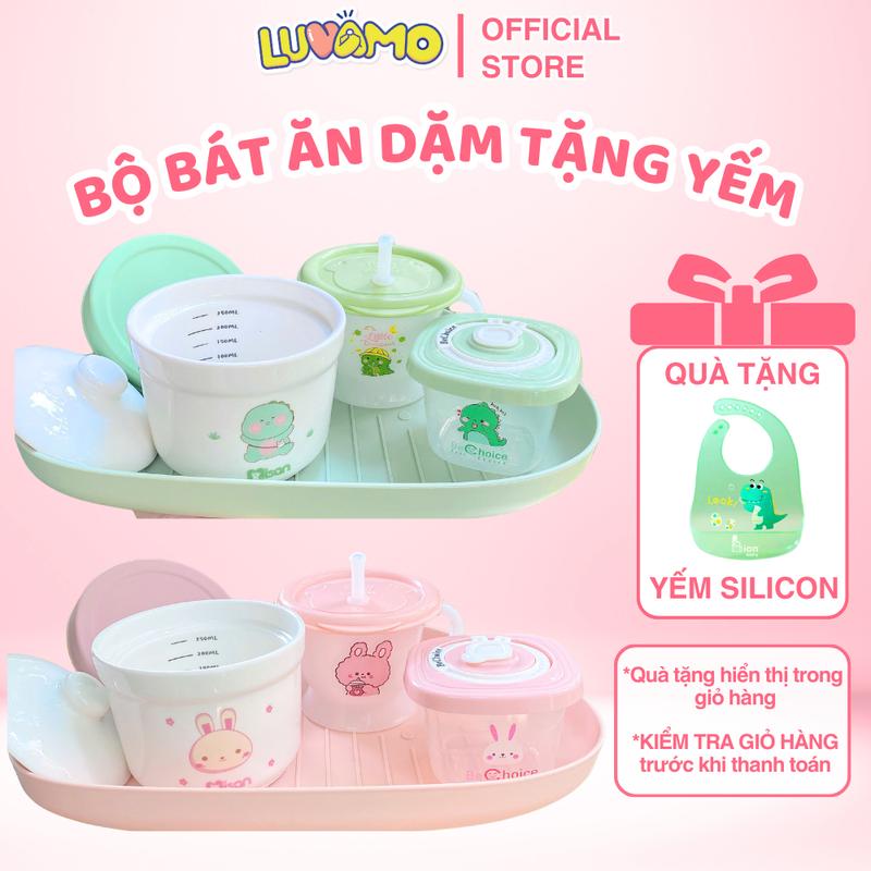    TẶNG YẾM SILICON  Bộ bát ăn dặm thế hệ mới set bát cốc ăn dặm mix sẵn cho bé Luvamo chen  dam Voi Voi bát  thìa  ăn  dặm  cho  bé 