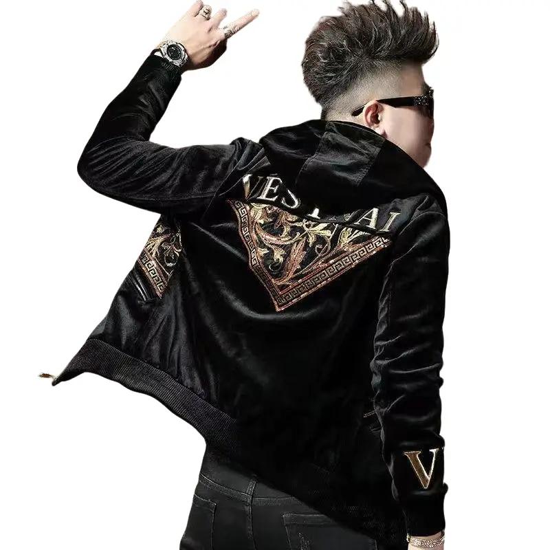 Áo khoác có mũ trùm đầu nhung vàng cao cấp dành cho nam giới, áo khoác Thương Hiệu Thời Trang có thêu sequin, giản dị, lót lông cừu, mùa đông Menswear Jacket