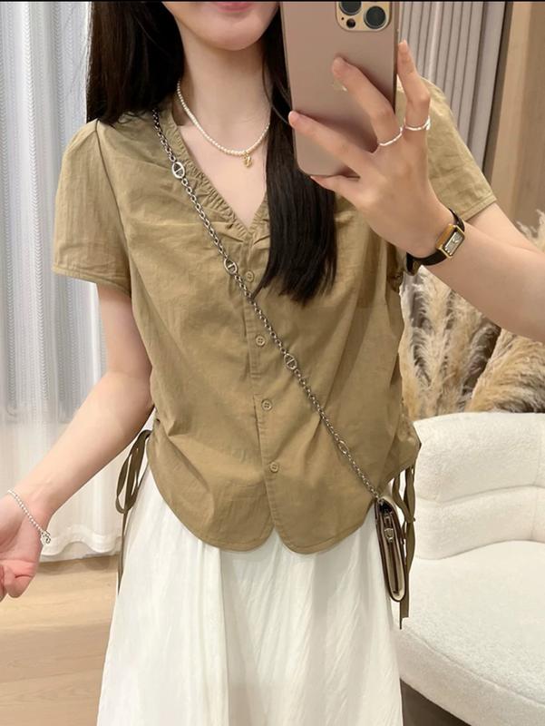 Áo Nữ Kiểu Cổ V Phong Cách Hàn Quốc Kết Hợp Rút Dây Xinh Xắn Mã A2 Top Women