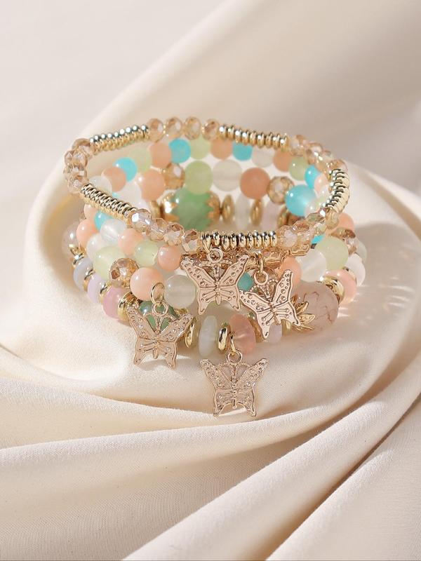 Fashionable Temperament Butterfly Charm Decor Beaded Bracelets, 4pcs/set Boho Style All-match Beaded Bracelet, Fashion Jewelry for Women & Girls 4