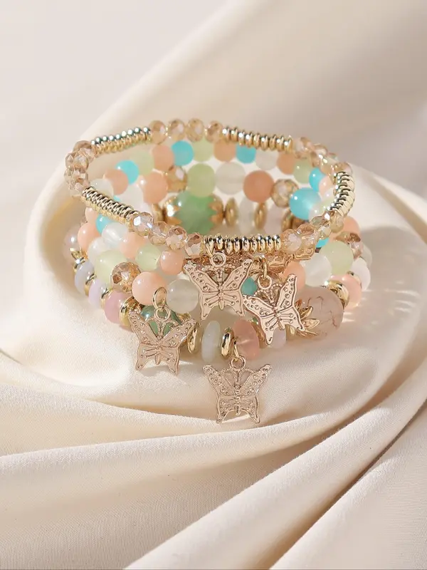 Fashionable Temperament Butterfly Charm Decor Beaded Bracelets, 4pcs/set Boho Style All-match Beaded Bracelet, Fashion Jewelry for Women & Girls 4