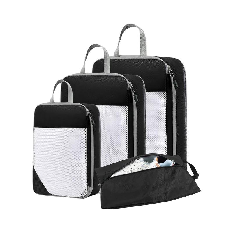 Travel Storage Bag Set, 4 Counts/set Including 3 Counts Compression Packing Cubes & 1 Count Shoe Bag, Travel Organizer for Clothes, Bedding, Toiletries 0