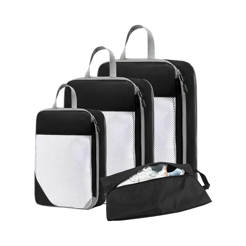 Travel Storage Bag Set, 4 Counts/set Including 3 Counts Compression Packing Cubes & 1 Count Shoe Bag, Travel Organizer for Clothes, Bedding, Toiletries 0