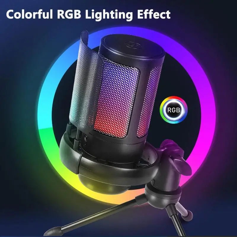 USB Streaming Gaming Mic, USB Plug Computer Microphone with Adjustable RGB Modes & Brightness, Quick Mute, Gain Control, for Podcasting, Recording 3
