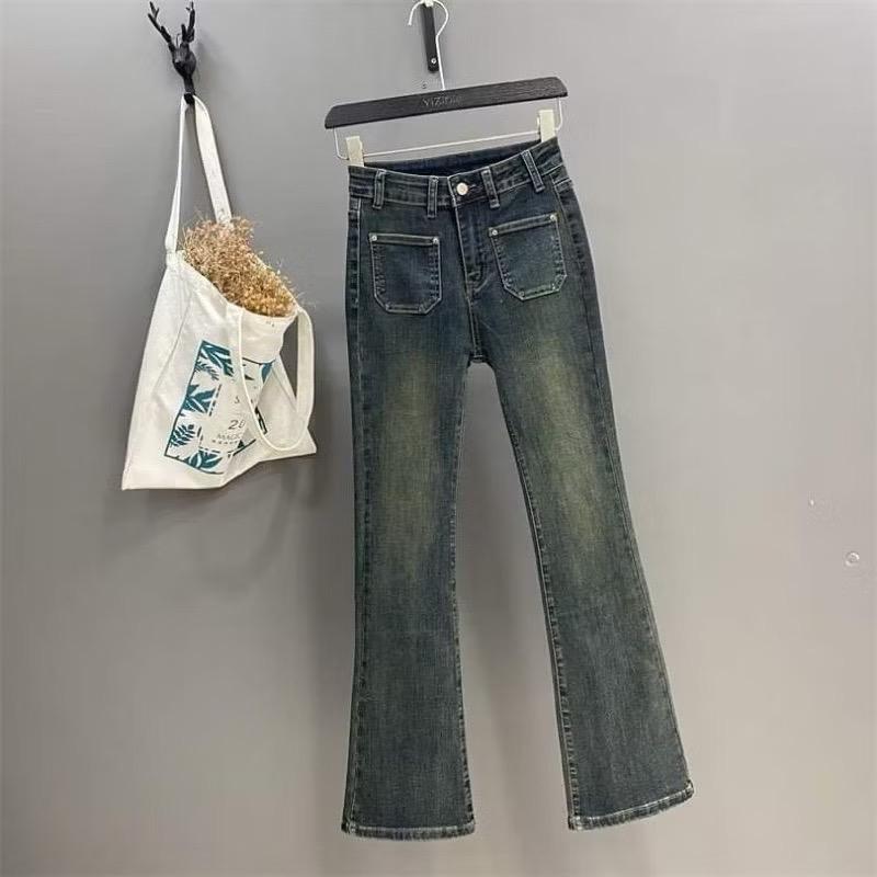 Quần jeans loe túi trước mài đùi lưng cao có giãn kiểu dáng Hàn Quốc 3