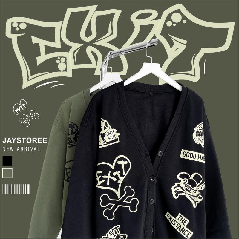 Áo Cardigan EXIT in Hoạ Tiết GOOD HABITS Có Túi 2 Bên Form Rộng Phong Cách Ulzzang Unisex  - JAYSTOREE Menswear Nam Dài Tay