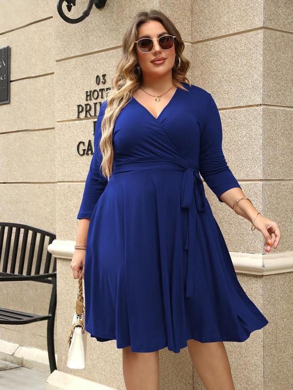 【Plus Size】Trendy Plain Wrap V Neck Belted A Line Plus Size Dress, Women's 3/4 Length Sleeve Solid Dress, Summer Dresses, Womenswear 4