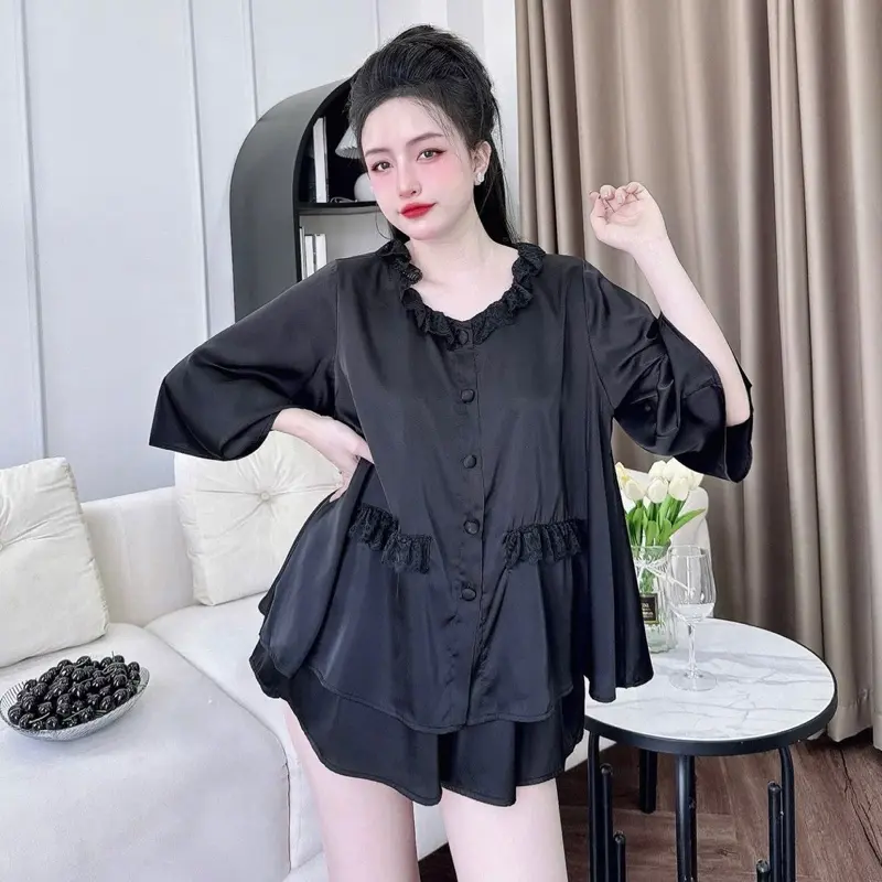 Set Đồ Ngủ Lụa Latin Tay Loe Viền Cổ Phối Ren , Quần Đùi Có Túi (45-75kg) Women 2