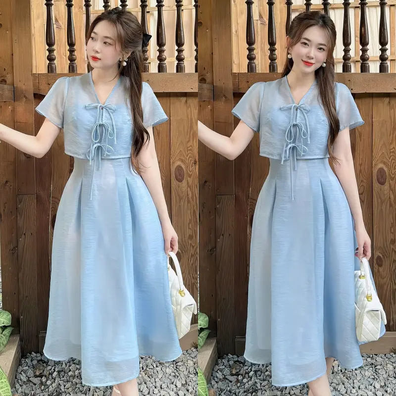 Đầm váy nữ dáng da áo khoác voan cột nơ xinh xắn màu xanh tôn da quý phái đi chơi dự tiệc đi biển 0