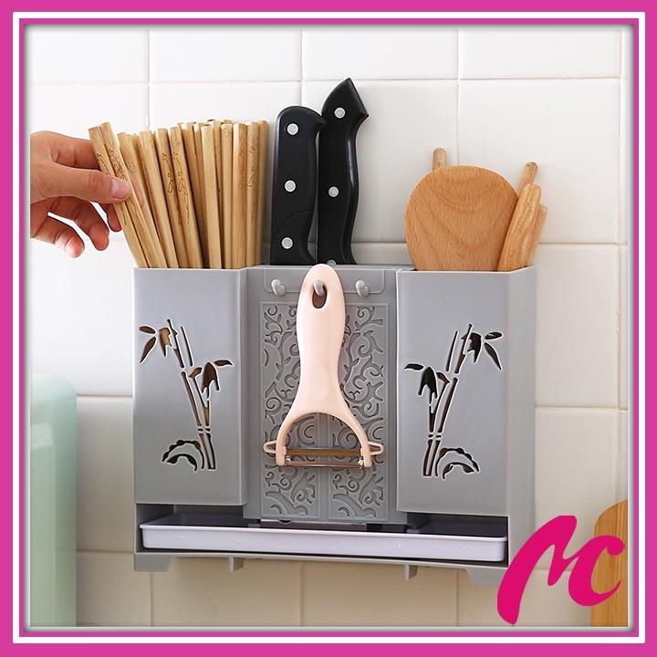Ống Đựng Dao Đũa Muỗng Dán Tường, Để Bàn Nhà Bếp Họa Tiết Cây Trúc,Khay Kệ Để Đồ Treo Tường Đa Năng