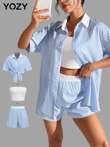 YOZY Women's Striped Print Shorts Set, Casual Button Front Shirt & Elastic Waist Shorts & Crop Tube Top, Ladies Summer Clothes