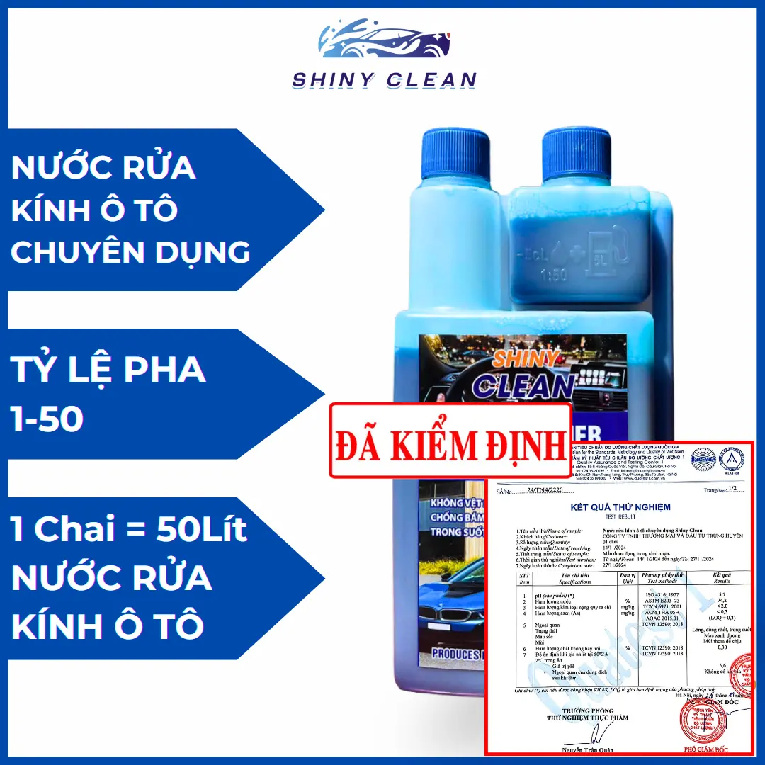 [ĐÃ KIỂM ĐỊNH] Nước Rửa Kính Ô Tô [CHAI ĐẬM ĐẶC 1 LÍT] TỶ LỆ PHA 1-50, Nước Rửa Kính Chuyên Dụng Dành Cho Ô Tô SHINY CLEAN, Phù Hợp Với Mọi Dòng Xe, BẢO HÀNH 2 NĂM