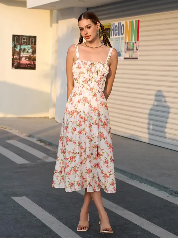 Women's Floral Print Ruched Split Thigh Dress, Elegant Sleeveless Midi Dress for Summer, Ladies Clothes for Beach Holiday, Womenswear, Dresses for Summer 1