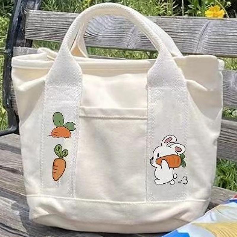 Product Introduction of 1PC Cartoon Rabbit Carrot Women Handbag Canvas Women's Tote Bag Portable Large Capacity Multi Pocket Lunch Bag 18