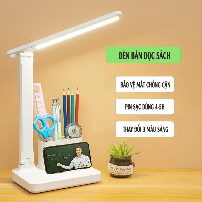 Đèn học để bàn tích điện kết hợp dải led 3 màu sắc điều chỉnh độ sáng và có giá để bút tiện lợi My Home DN112