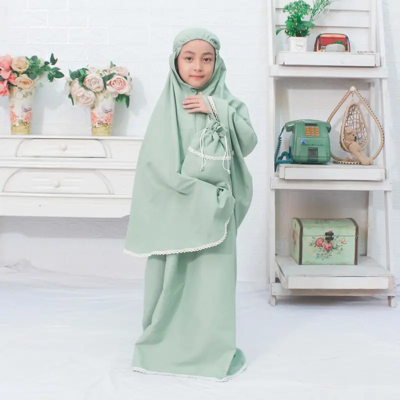 Mukena Anak Wanita Si Kembar Katun Renda Rajut Polos Muslim Baju Syari Setelan - YUSIKU - Gamis, Remaja 8