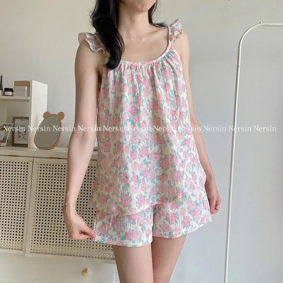 NERSIN Bộ đùi mặc nhà 2 dây cánh tiên xinh xắn chất liệu vải xô muslin cao cấp Nữ