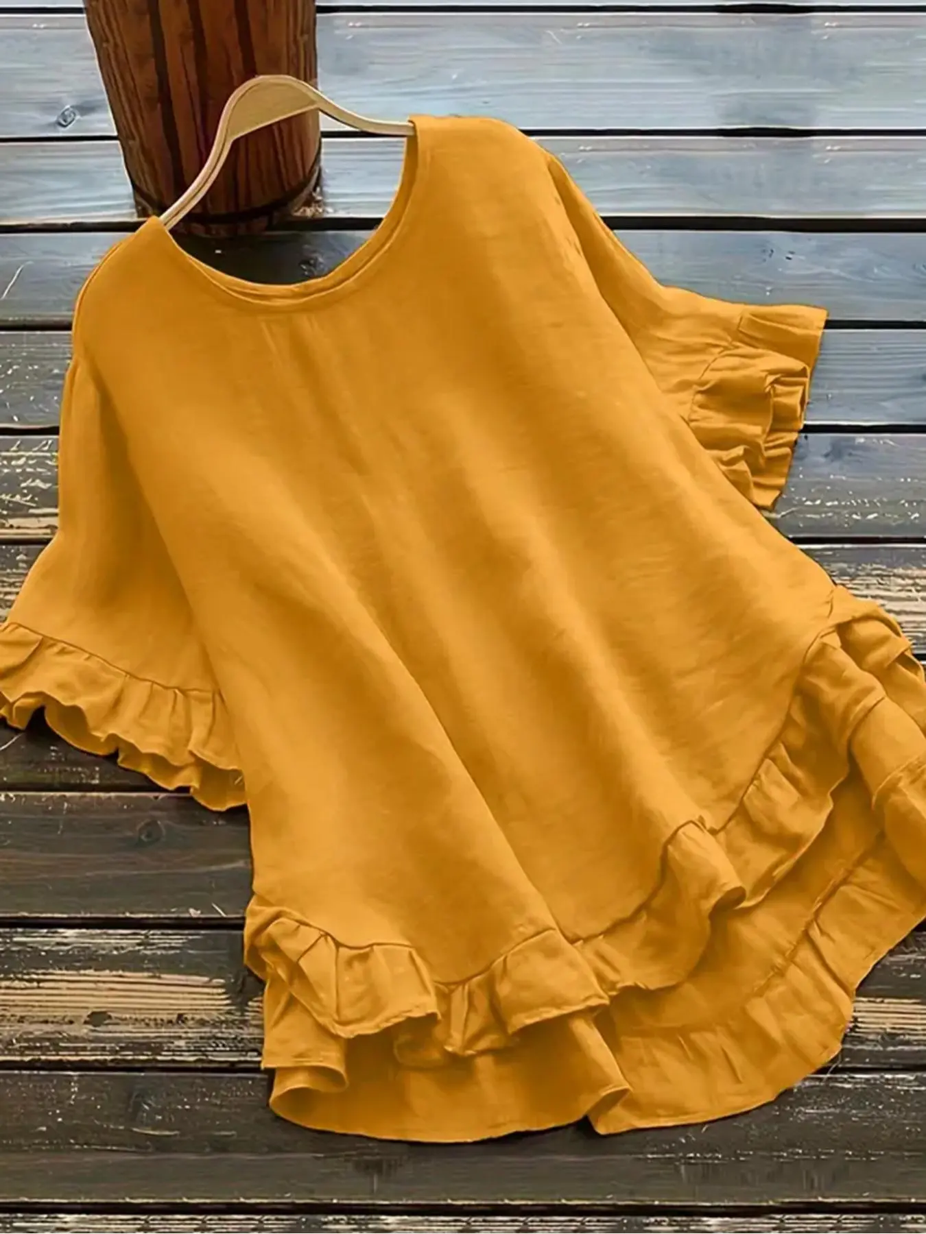 【Plus Size】 Solid Ruffle High Low Hem Blouse, Casual Round Neck Half Sleeve Top for Summer, Women's Plus Size Clothing for Daily Wear, Shirts