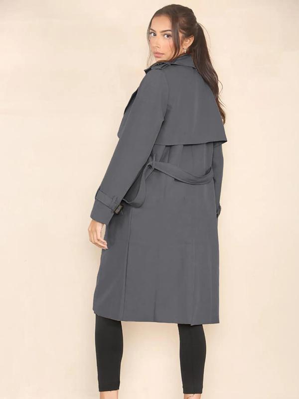 Women's Solid Double Button Belted Trench Coat, Elegant Lapel Neck Long Sleeve Coat for Fall & Winter, Women's Clothing for Daily Wear 7