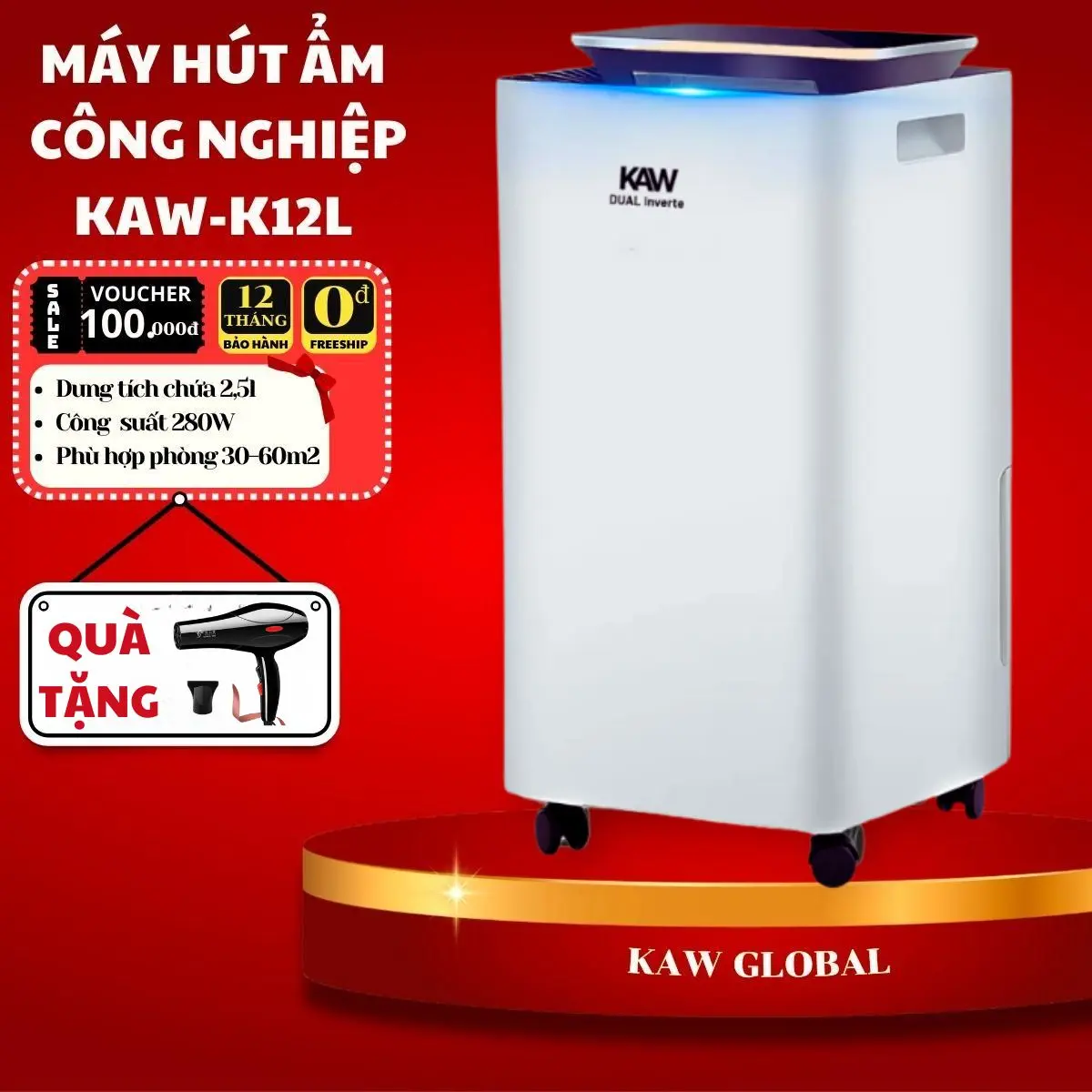 KAW Máy hút ẩm, Lọc Không Khí Công Nghệ Máy Nén K12L Công suất 12 lít/ngày - Bảo Hành 12 Tháng Làm Sạch Khử Khuẩn mayhutam may  hutam congnghiep