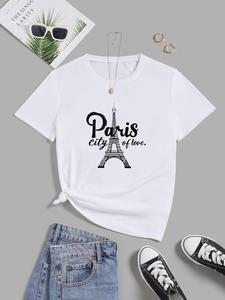 Game2024, ImprinTee Women's Letter & Eiffel Tower Print Round Neck Graphic Tee, Trendy Casual Short Sleeve T-shirt for Daily Wear, Ladies Summer Outfit
