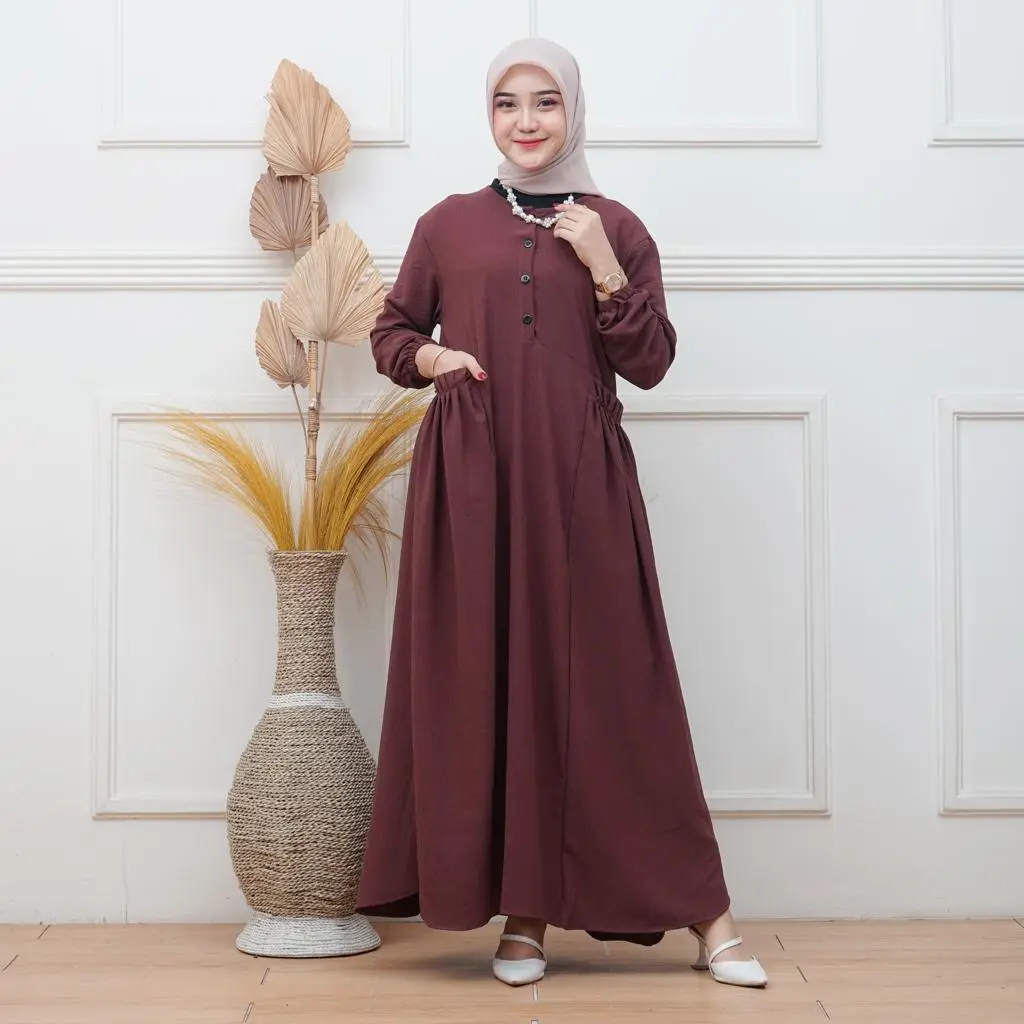 Rdafa Gamis Cika Crinkle Premium Wanita Busui Kancing Kantong Saku Polos Kondangan Mewah Hitam Cokelat Tua Mahogany Navy Putih