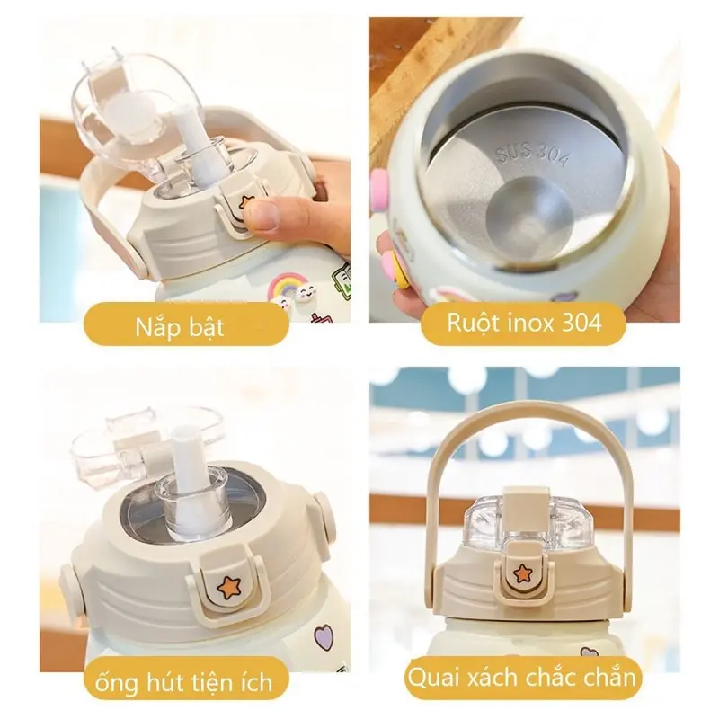 Bình giữ nhiệt Ulike 800ml, Bình giữ nhiệt Inox 304 có Sticker trang trí, tặng kèm dây đeo và ống hút 2