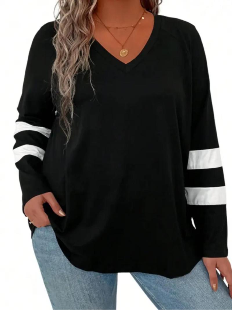 Product Introduction of Plus Size Colorblock Striped Print Raglan Sleeve Tee, Casual V Neck Long Sleeve T-shirt for Spring & Fall, Women's Clothing for Daily Wear 1