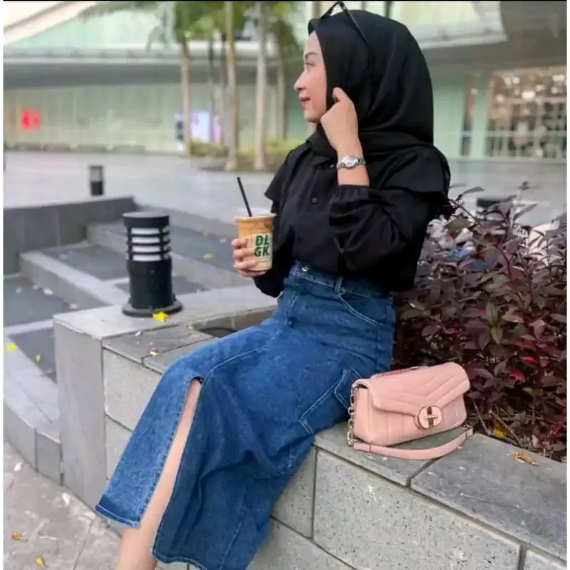 Rok Jeans Wanita Cargo Denim Karet | Rok Cargo Jeans Belah depan Korean Style 6