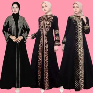 Abaya Bordir Hitam Gamis Polos Dress Muslim Mewah Syari Turki Wanita Arab Lembut Umroh Maxi Jubah