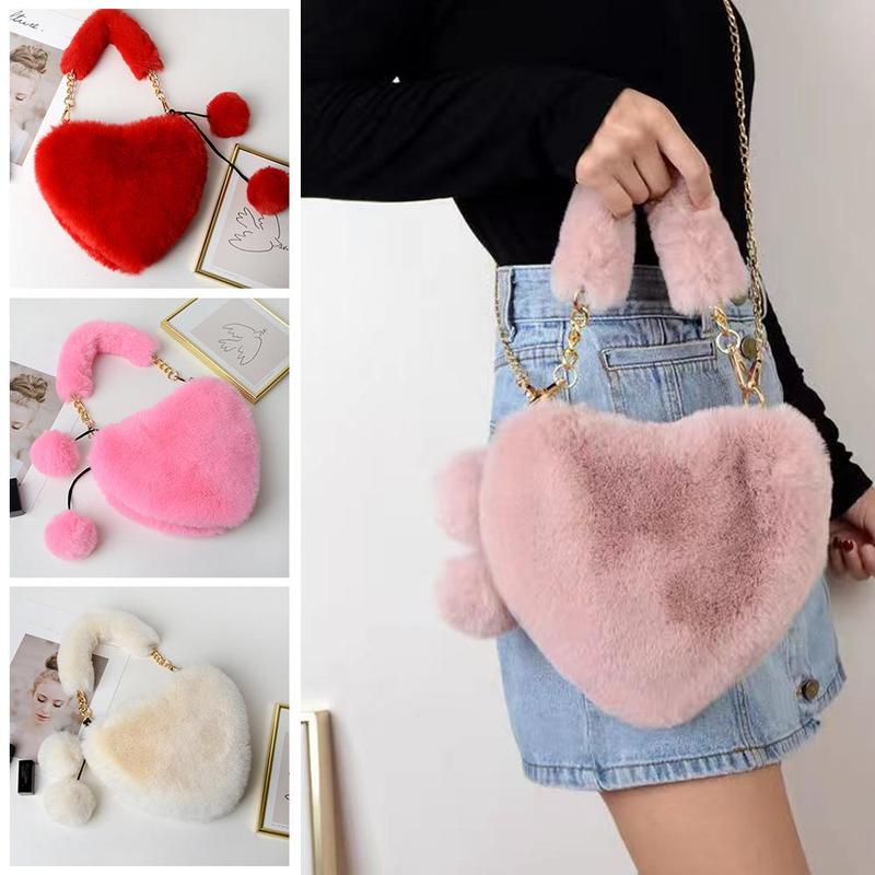 Product Introduction of Women Messenger Bag Cute Heart Shaped Shoulder Bag Fluffy Chain Soft Fashion Crossbody Handbag 20