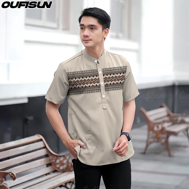 Product Introduction of Baju Raya 2025 Malaysia Ramadan Modern 3D Sublimation Print Stand Collar Short Sleeve Men's Shirt Casual Batik Koko Kurta Formal Shirt, MEN'S KOKO SHIRT 3