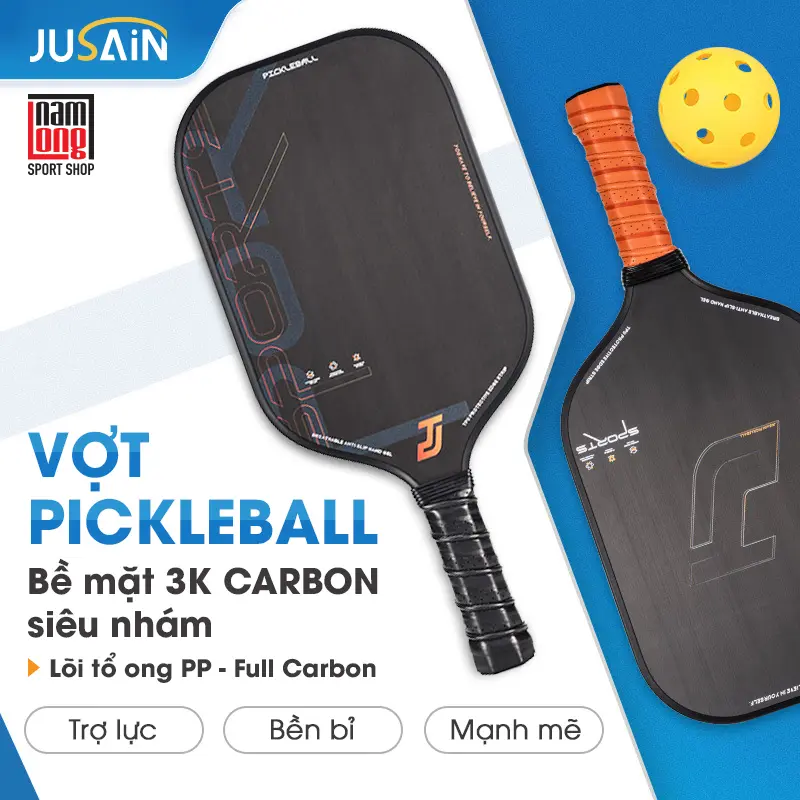 Vợt Chơi Bóng Pickleball JUSAIN Carbon 3K Bề Mặt Siêu Nhám Trợ Lực Cao Cấp Sport Cán Vợt