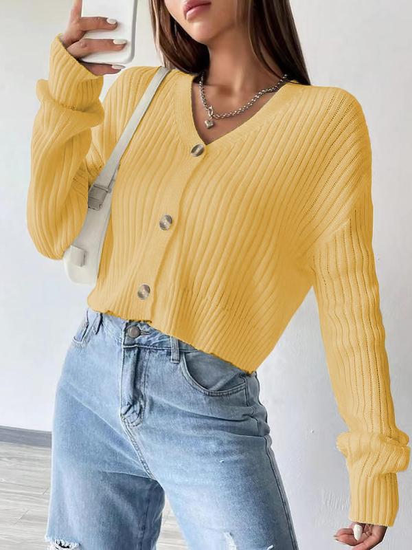 Women's Plain Button Front Drop Shoulder Cardigan, Casual Solid Long Sleeve V Neck Knitwear for Fall & Winter, Women's Clothing for Daily Wear, Workwear for Women, Go Out Tops, Womenswear 5