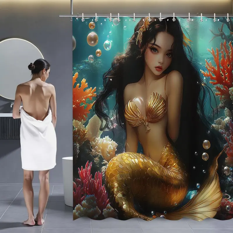 Mermaid Pattern Bathroom Decor Set, 1 Set Including Shower Curtain & Toilet U-shaped Mat & Rectangular Mat & Toilet Lid Cover, Bathroom Accessories 4