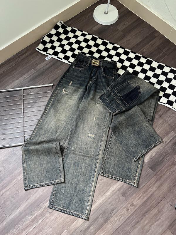 Quần jean suông (cc) loang màu phối túi rách nhẹ dài 105cm không co giãn