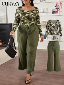 CURVZY Plus Size Camo Print Tee & Drawstring Wide Leg Pants Autumn Aesthetic Two-piece Set, Casual Long Sleeve Square Neck Top & High Waist Trousers for Daily Wear, Women's Two-piece Outfits for Fall