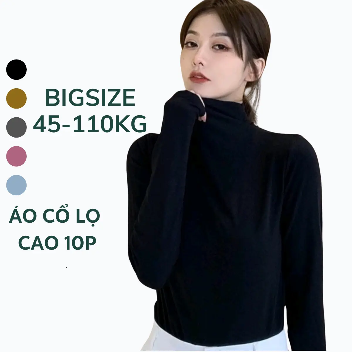 Áo thun cổ lọ 50-110Kg Bigsize cổ cao 10p tay dài thun gân dày dặn giữ ấm áo chubby mũm mĩm béo tròn Top Nữ Đen Đen