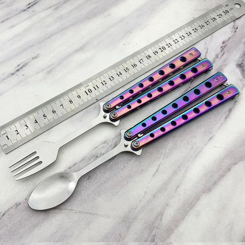Product Introduction of New Stainless Steel Butterfly Folding Spoon Fork Practice Training Outdoor Balisong Training Tool Tableware Camping 13