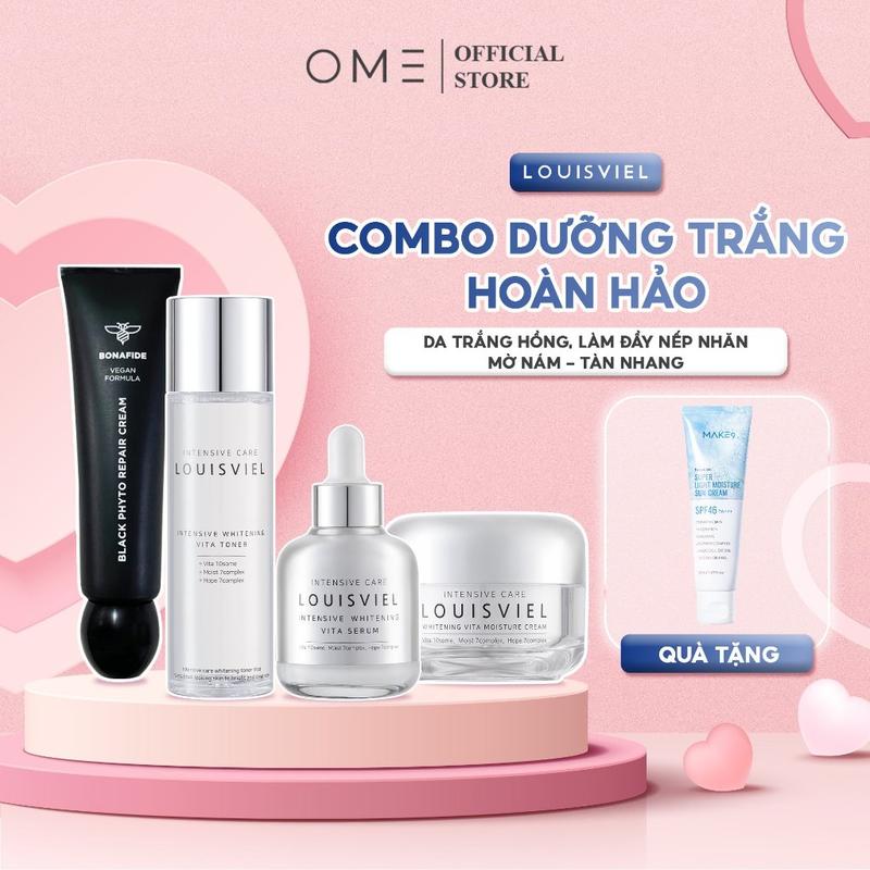 Bộ 4 Sản Phẩm Dưỡng Trắng Mờ Nám Tàn Nhang LOUISVIEL | Skincare Tone Serum Son Dưỡng Trắng Toner Tặng Kem Chống Nắng Chăm Sóc Da Làm Đẹp Da Massage