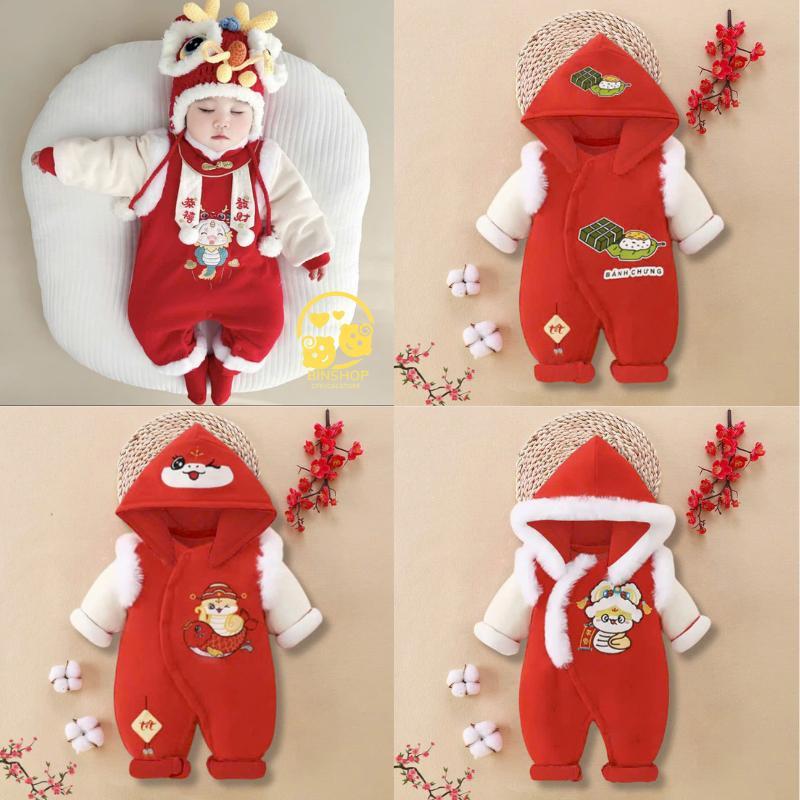 Body tết cho bé trai bé gái chất Nỉ bông, Quần áo tết cho bé phối lông cừu đáng yêu mẫu Quần áo sơ sinh cho bé 0-12M