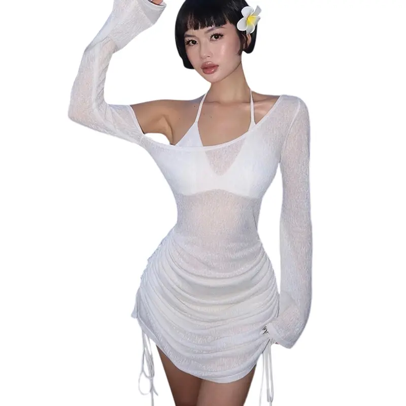 Đầm Trễ Vai, Dành Cho Nữ, Xuyên thấu, Dây Rút, Xếp Nếp, Tay Áo Dài, Thích Hợp Cho Bữa Tiệc Và Câu Lạc Bộ Cocktail Trên Bãi Biển, Thời Trang Đường Phố, Đầm Mini