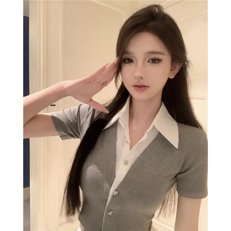 Áo Sơ Mi Ngắn Tay, Gợi Cảm, Paneled, Ve Áo, Bó Sát 2