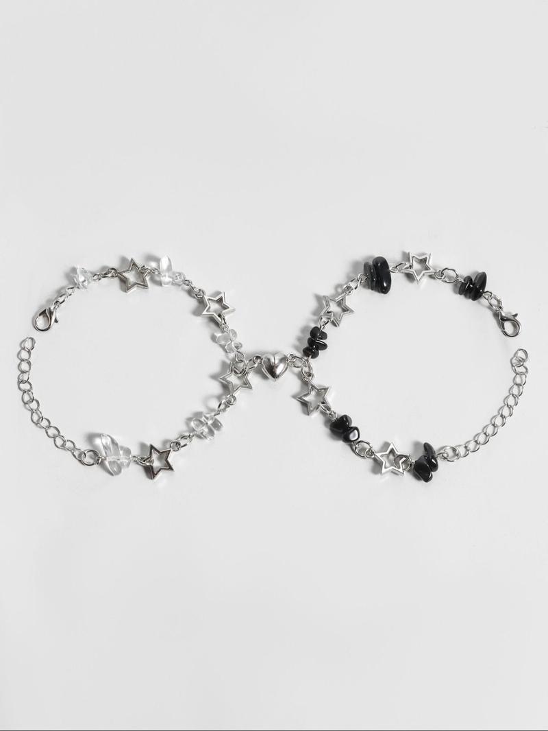 Product Introduction of Punk Style Y2k Bracelet (2pcs), Including Star & Heart & Faux Pearls Artificial Crystal & & Beaded Decor, Fashionable Jewelry for Women & Girls, Style Fashion Jewelry for Party, Trendy All-match & Exquisite Jewelry for Gift 4
