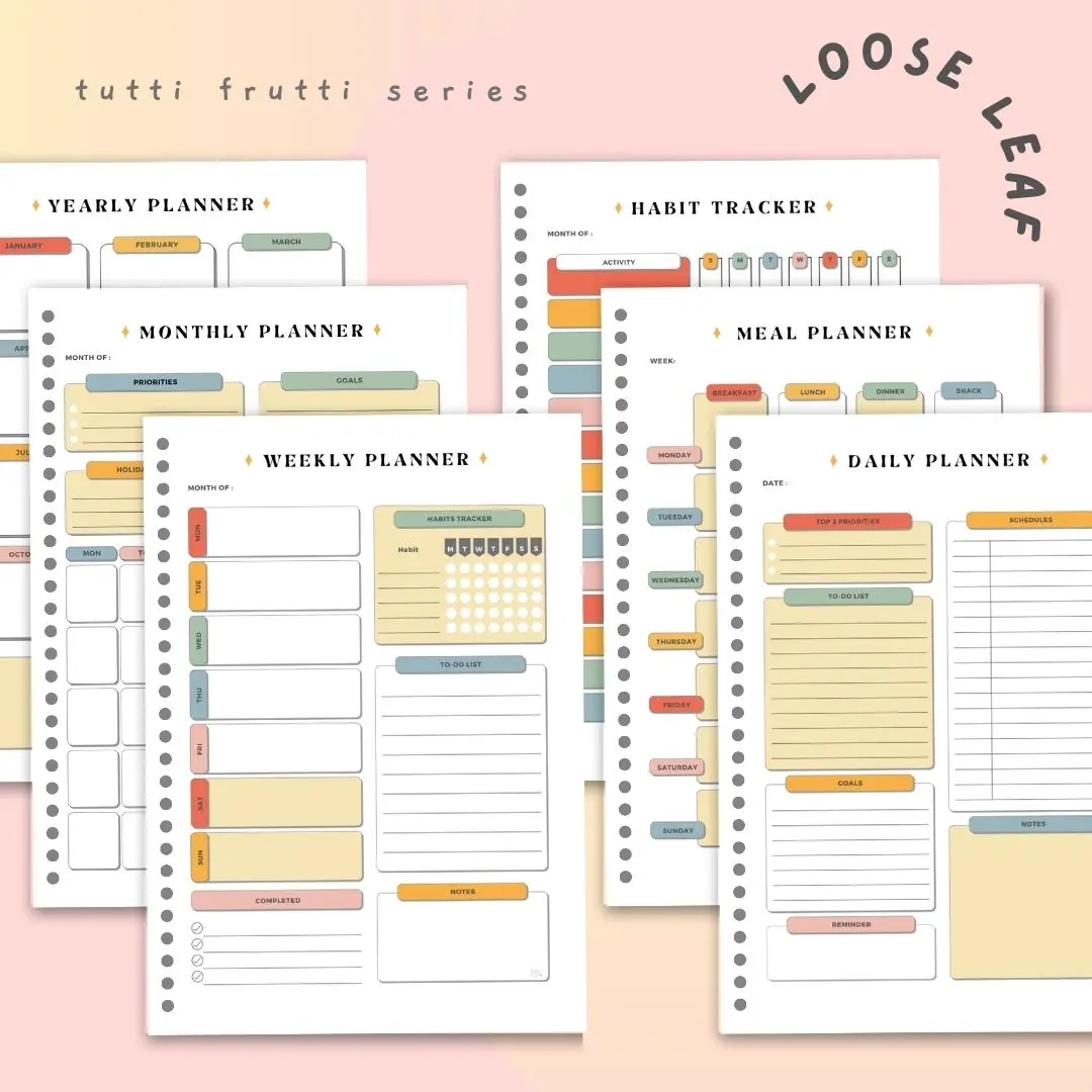 Loose Leaf / Isi Binder Solucine - 12 Lembar - A5 / B5 - Tutti Frutti Series - Yearly Planner / Monthly Planner / Weekly Planner / Daily Planner / Meal Planner / Habit Tracker / Study Planner / To do List / Shopping list