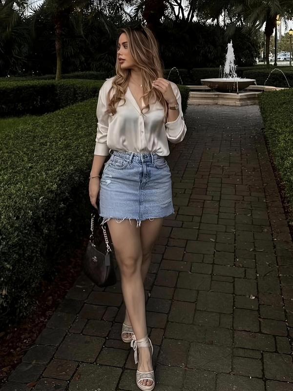 Women's Denim Skirt, Fashion Casual Ripped Skirt for Daily Outdoor Wear, Ladies Bottoms for Summer 5