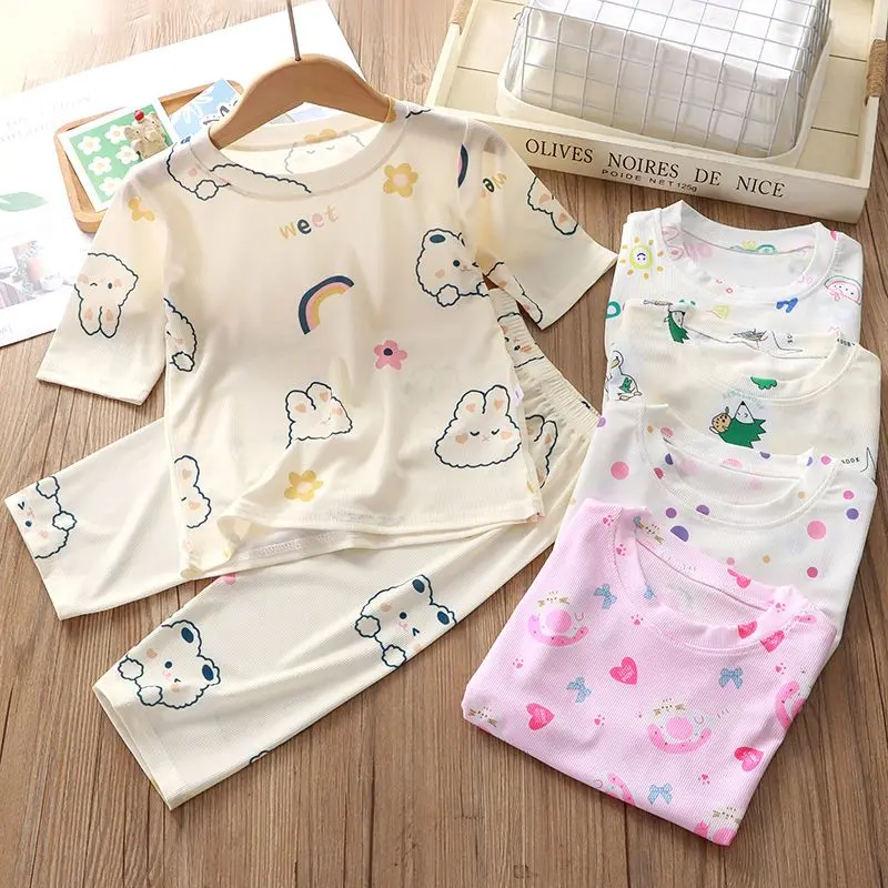 Đồ Ngủ Trẻ Em, Mặc Nhà, Lụa Lạnh Mỏng, Dành Cho Bé Trai Và Bé Gái, Quần Áo Điều Hòa Không Khí, Bộ Đồ Cropped Xén Mùa Hè, Thích Hợp Cho Trẻ Em Và Trẻ Sơ Sinh, Cho Bé Gái Dép Lê