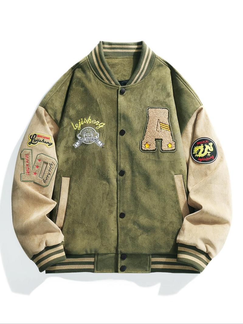 Product Introduction of Men's Letter Embroidery Pocket Baseball Jacket, Casual Drop Shoulder Long Sleeve Button Front Outerwear for Fall & Winter, Men's Clothes for Daily Wear 7